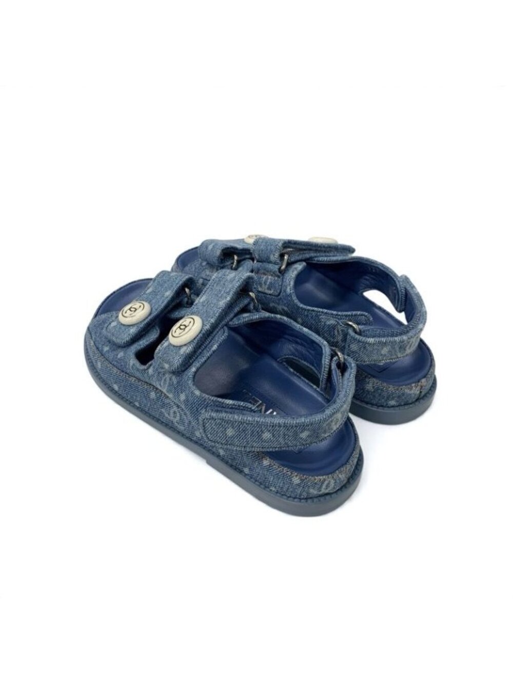 Chanel Sandals Shoes Denim Blue Coco Mark Velcro Flat - Picture 4 of 9